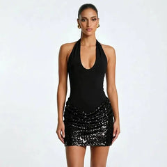 Cross Neck Ruched Sequin Mini Dress