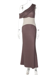 Brown Polka Dot One Shoulder Maxi Dress