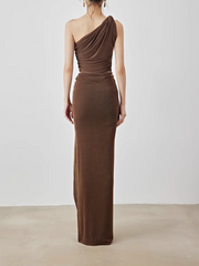 Brown one-shoulder evening gown on a plain background