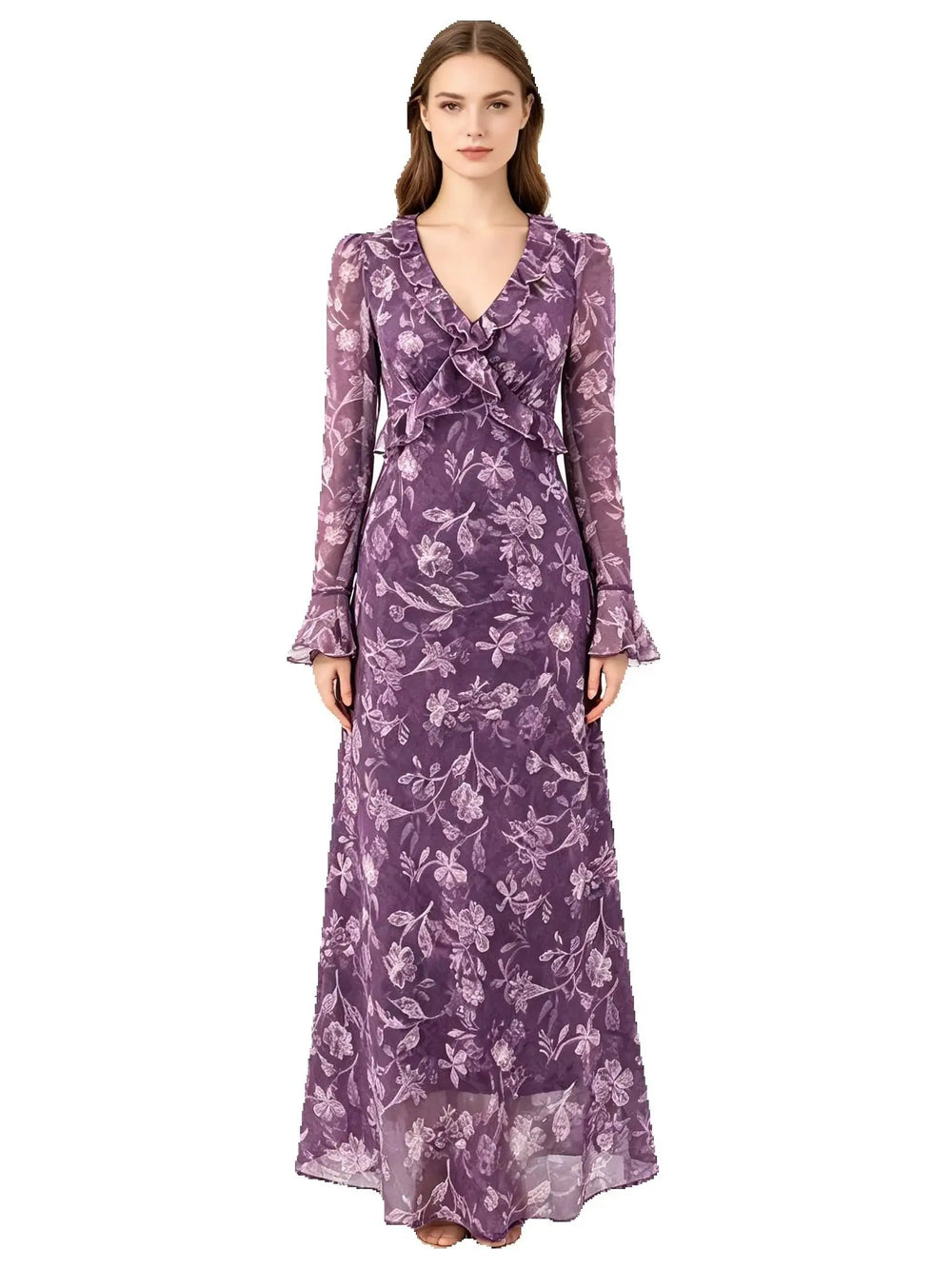 Ruffled floral chiffon maxi dress on model