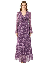 Ruffled floral chiffon maxi dress on model