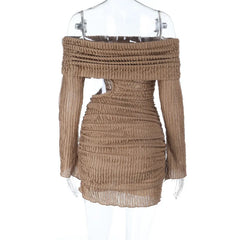 Beige Off-Shoulder Pleated Long Dress | Cozy Autumn Edit