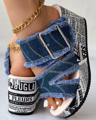 Women Shoes Newspaper Buckled Denim Wedge Sandals