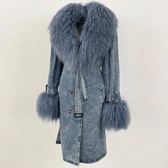 Denim coat with fur trim on a light beige background