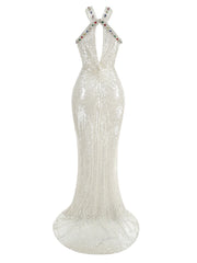 White Sequin Halter Rhinestone Embellished Strap Maxi Dress