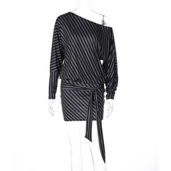 Striped Off Shoulder Tie Waist Mini Dress