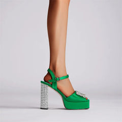 Satin Platform Crystal Embellishment Block Heels