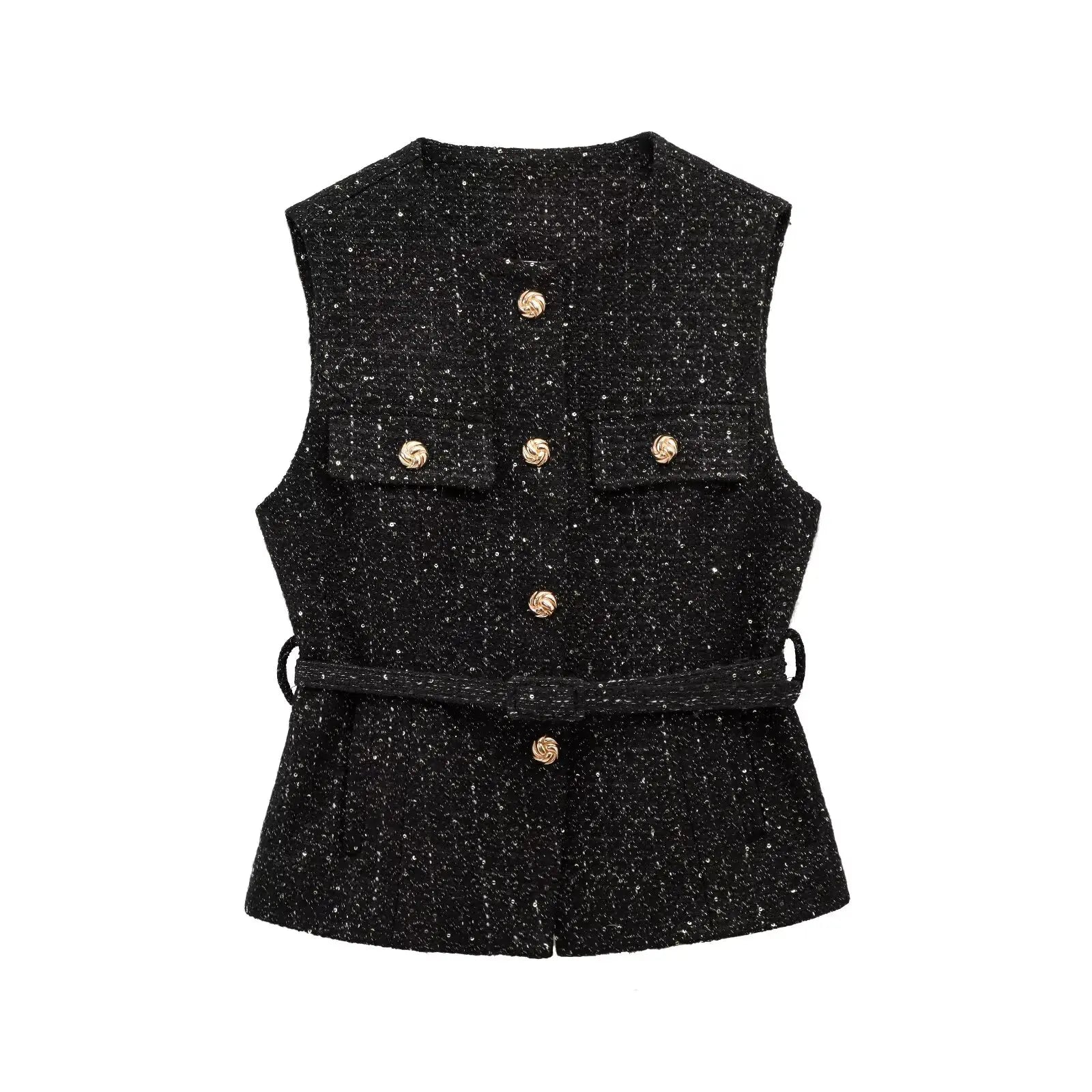 Black speckled vest with gold buttons