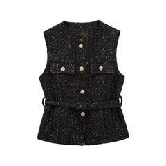 Black speckled vest with gold buttons