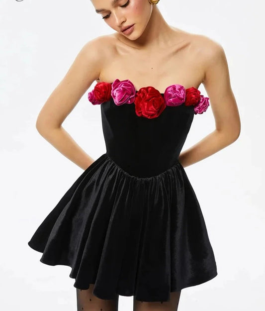 Strapless Flower Black Velvet A-Line Mini Dress