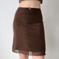 Brown mesh ruffle hem mini skirt front view