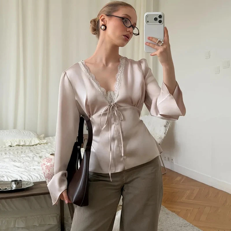Satin lace trim tie-front blouse with bell sleeves