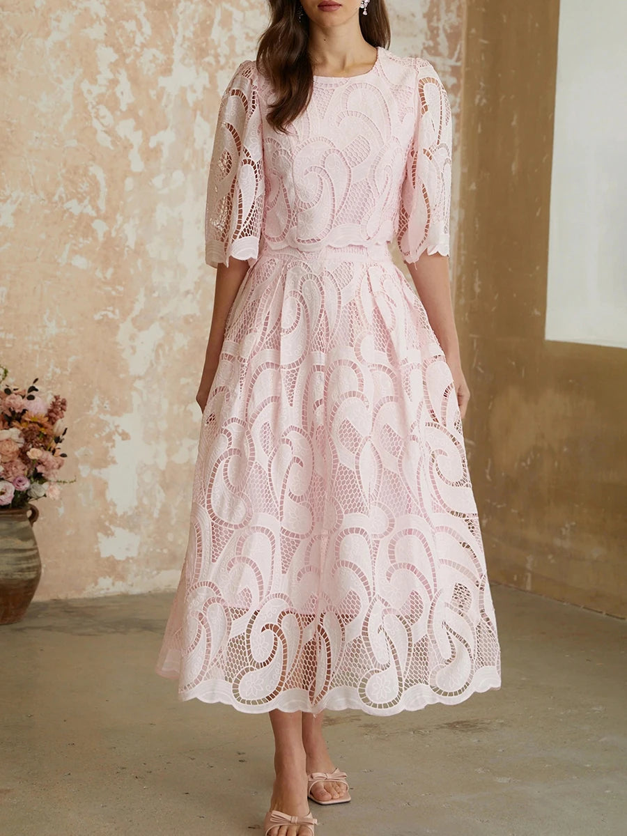 O-Neck Lace Overlay Puff Sleeve Cropped Top and Pleated Midi Skirt Set