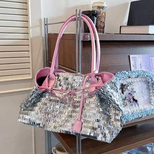 Sequin casual tote bag with pink interior and handles