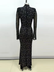 Black Turtleneck Mesh Diamond Long Sleeve Gown