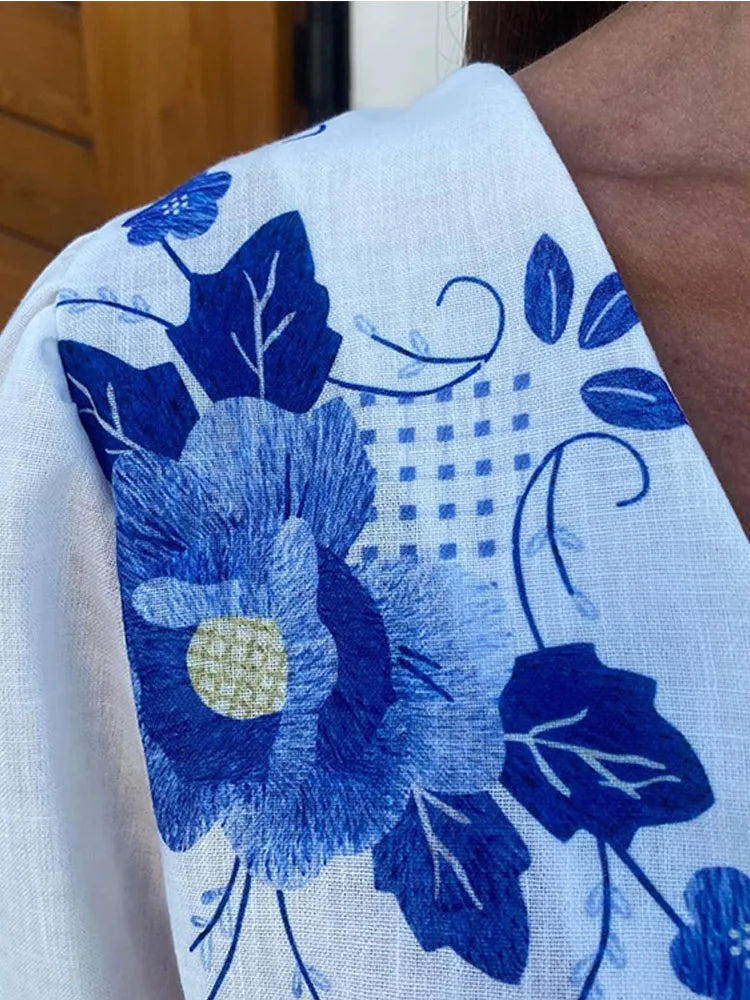 Flower Print Short Puff Sleeve Shirt V Neck Lace Up Blouse