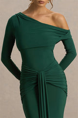 One Shoulder Ruched Long Sleeve Maxi Gown