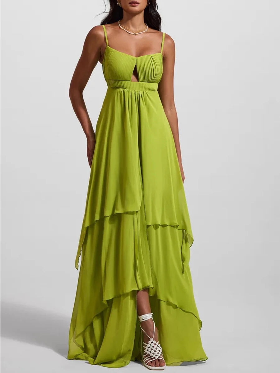 Green square neck maxi dress with a keyhole cutout and flowing skirt