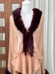 Brown Sheer Fur Trim Wrap Mini Dress