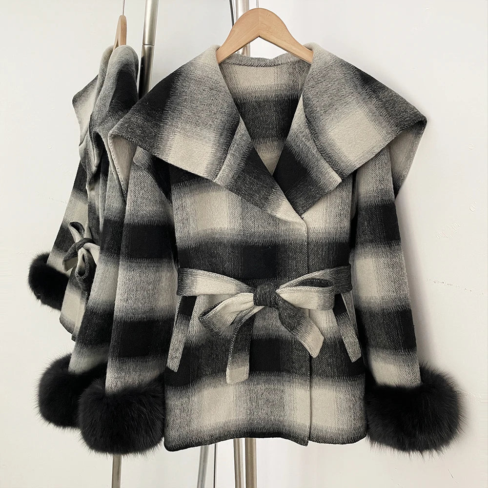 Plaid double-breasted coat with fur cuffs in Black Plaid