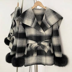 Plaid double-breasted coat with fur cuffs in Black Plaid