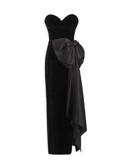 Black strapless gown with a large bow detail on a white background