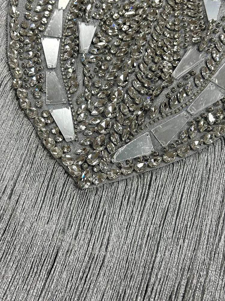 Detail of crystal beads and fringe on dress