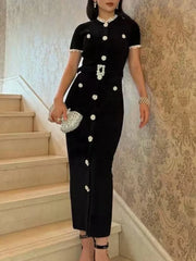 Embellished Short-Sleeve Knit Midi Dress