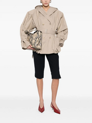 Belted hooded double-breasted coat with puff sleeves and hood detail