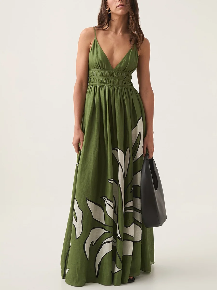 Green floral print V-neck shirred empire waist maxi dress