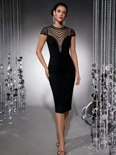 Black sheath midi dress with a sheer mesh yoke featuring chevron beading and cap sleeves, front view.
