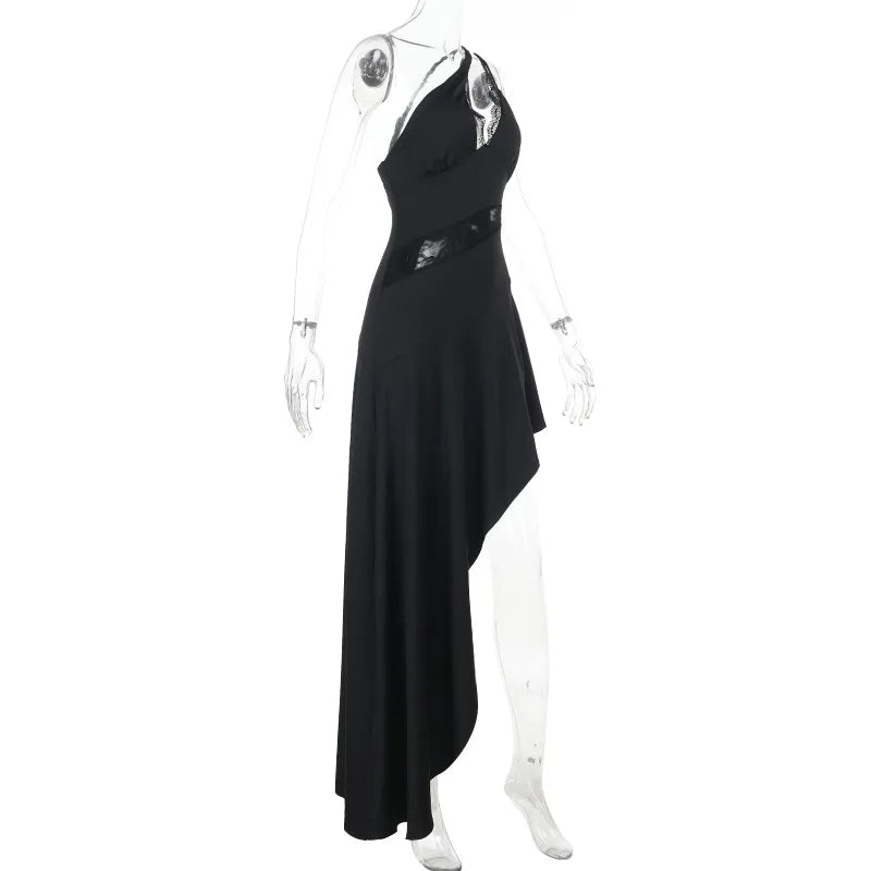 Black dress on a mannequin against a white background