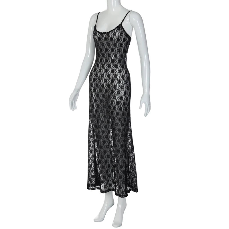 Black lace dress on a white mannequin against a white background