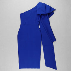 Blue one-shoulder jumpsuit with a bow detail on a light gray background