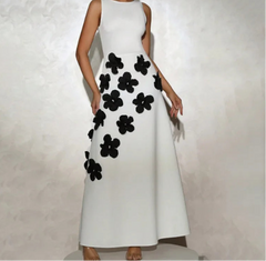 White Floral Embroidered Maxi Dress | Black 3D Flower Detail