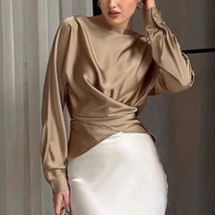 Gold Satin Round Neck Long Sleeve Bandage Design Blouse