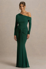 One Shoulder Ruched Long Sleeve Maxi Gown