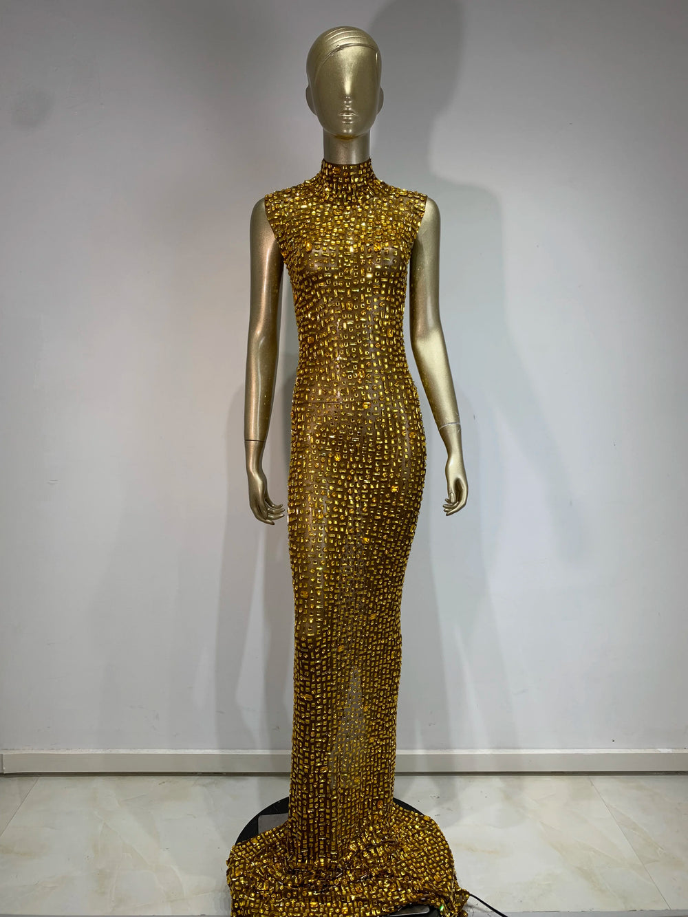 Gold embellished mock neck maxi dress