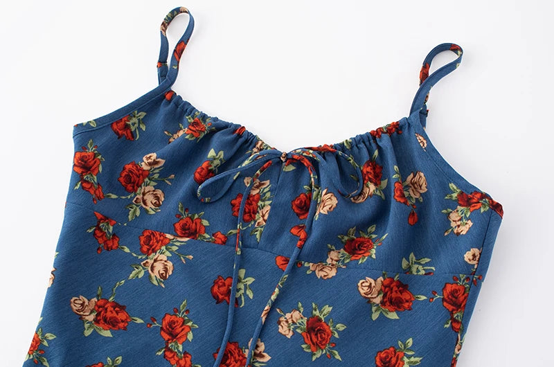 Close-up of the shirred square neckline and tie front on the midi dress