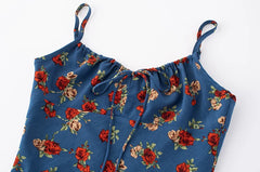 Close-up of the shirred square neckline and tie front on the midi dress