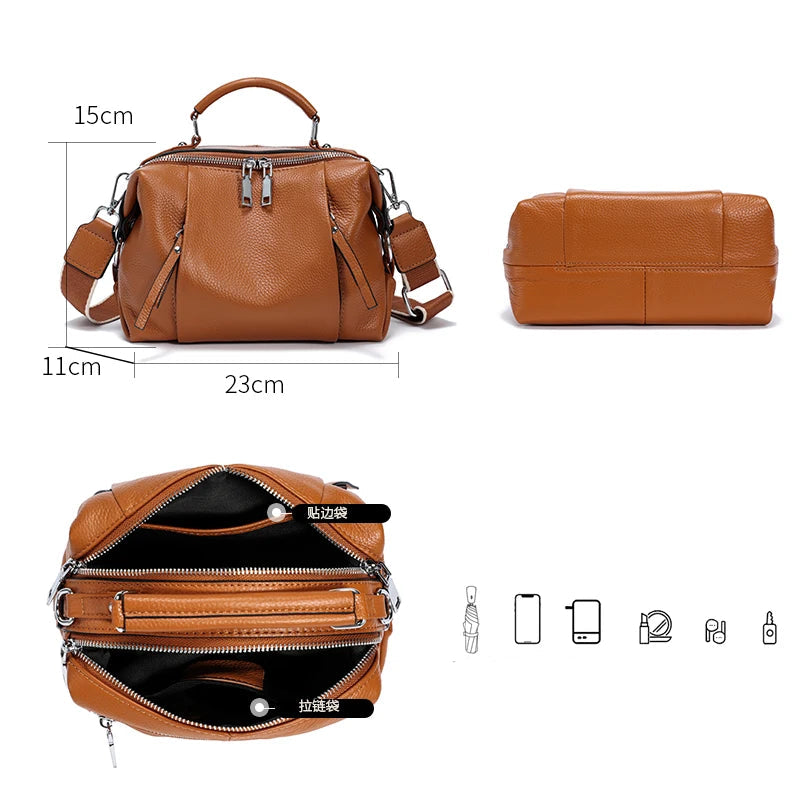 Brown leather bag with measurements and capacity indicators on a white background