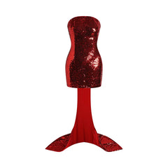 Red sequin strapless dress with a mermaid tail on a white background