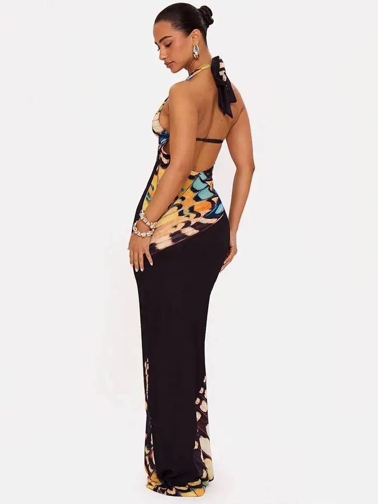 Butterfly print halter maxi dress back view