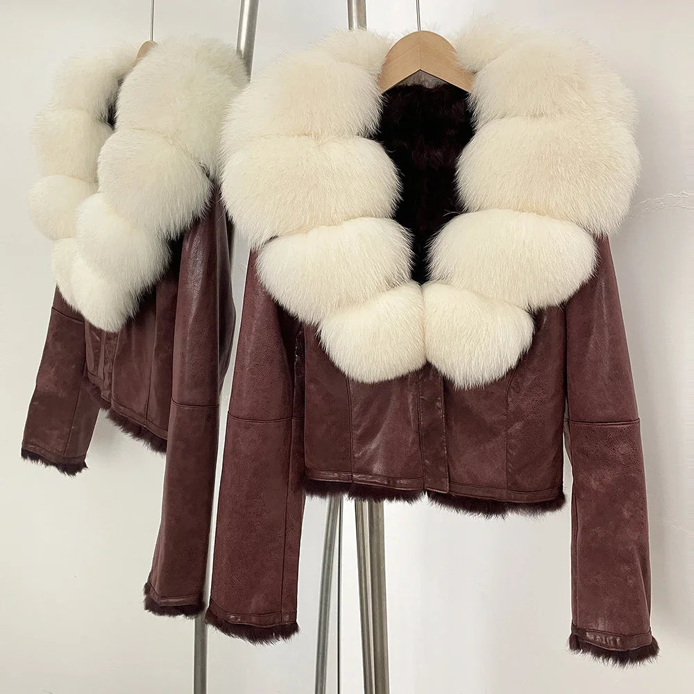 Brown leather jacket with white fur trim on a stand against a white background