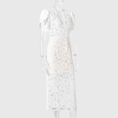 Lace Puff Sleeve V-Neck Maxi Dress