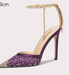 Purple high-heeled shoe with gold accents on a white background