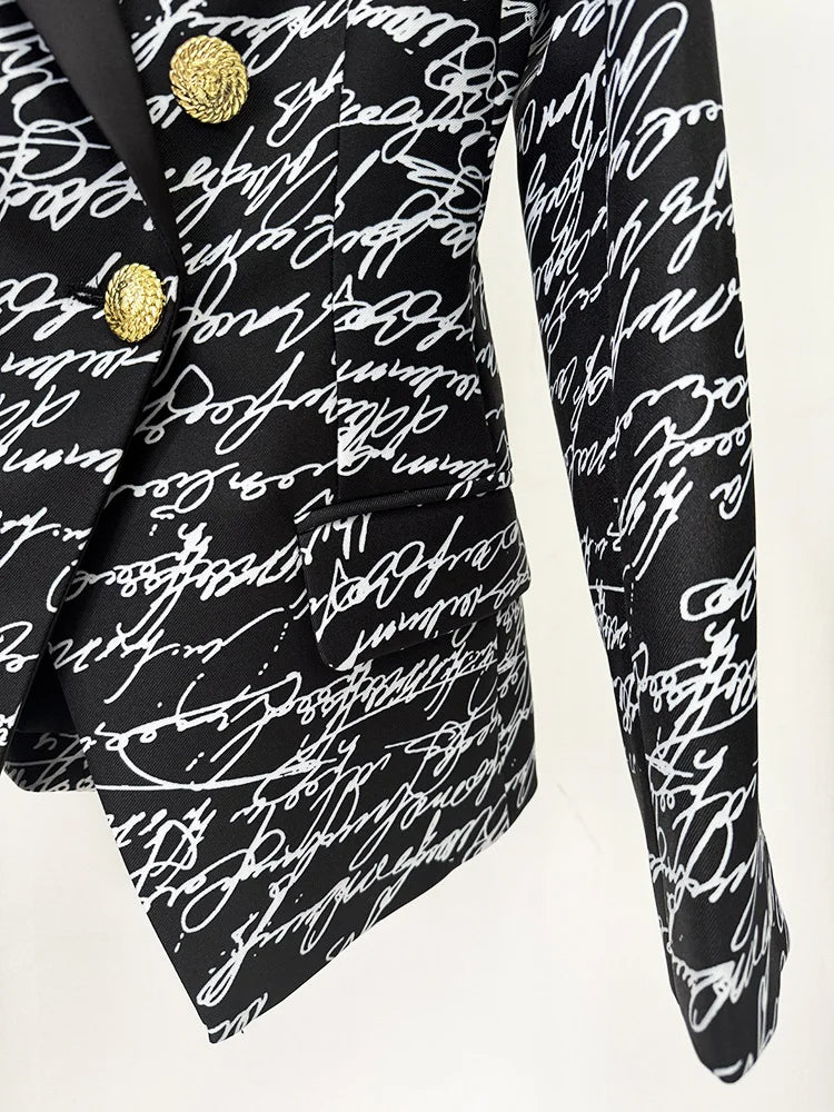 Detail of the pocket and buttons on the love letter print double-breasted blazer.