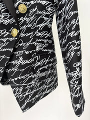 Detail of the pocket and buttons on the love letter print double-breasted blazer.
