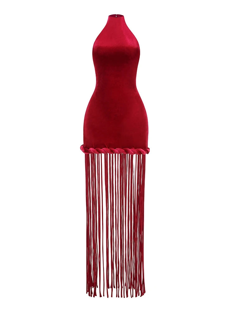 Red dress with fringe details on a white background