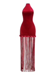 Red dress with fringe details on a white background